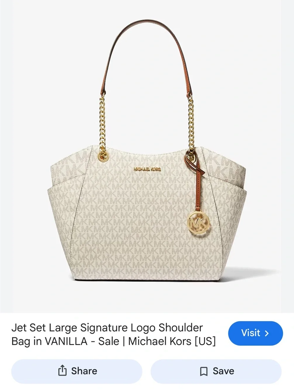 Michael Kors Cream Logo Chain-Trim Tote with Tan Straps